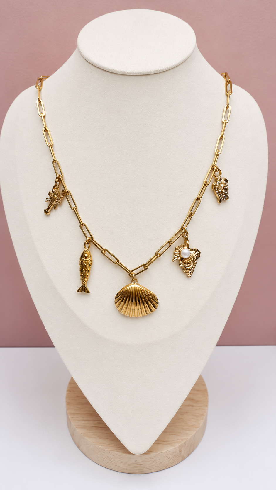 Gold link chain with seaside charms