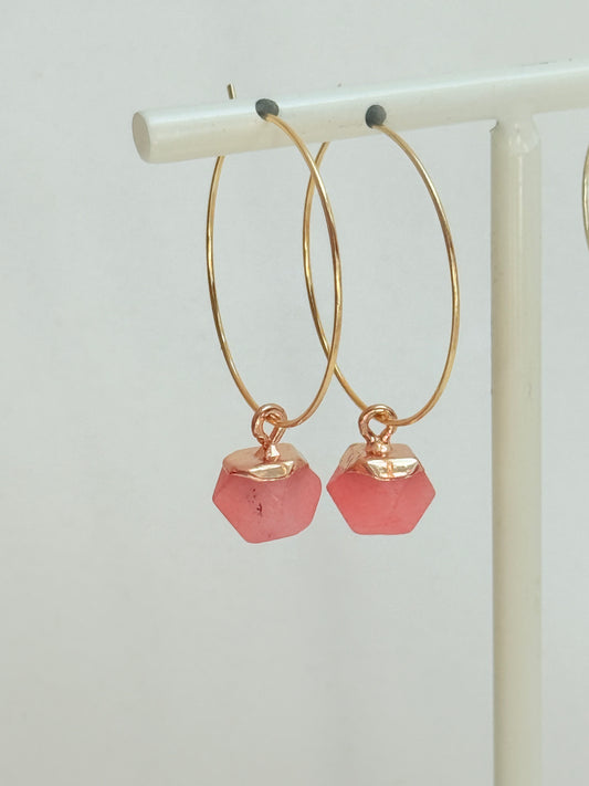 Coral pink stone hexagon hoops