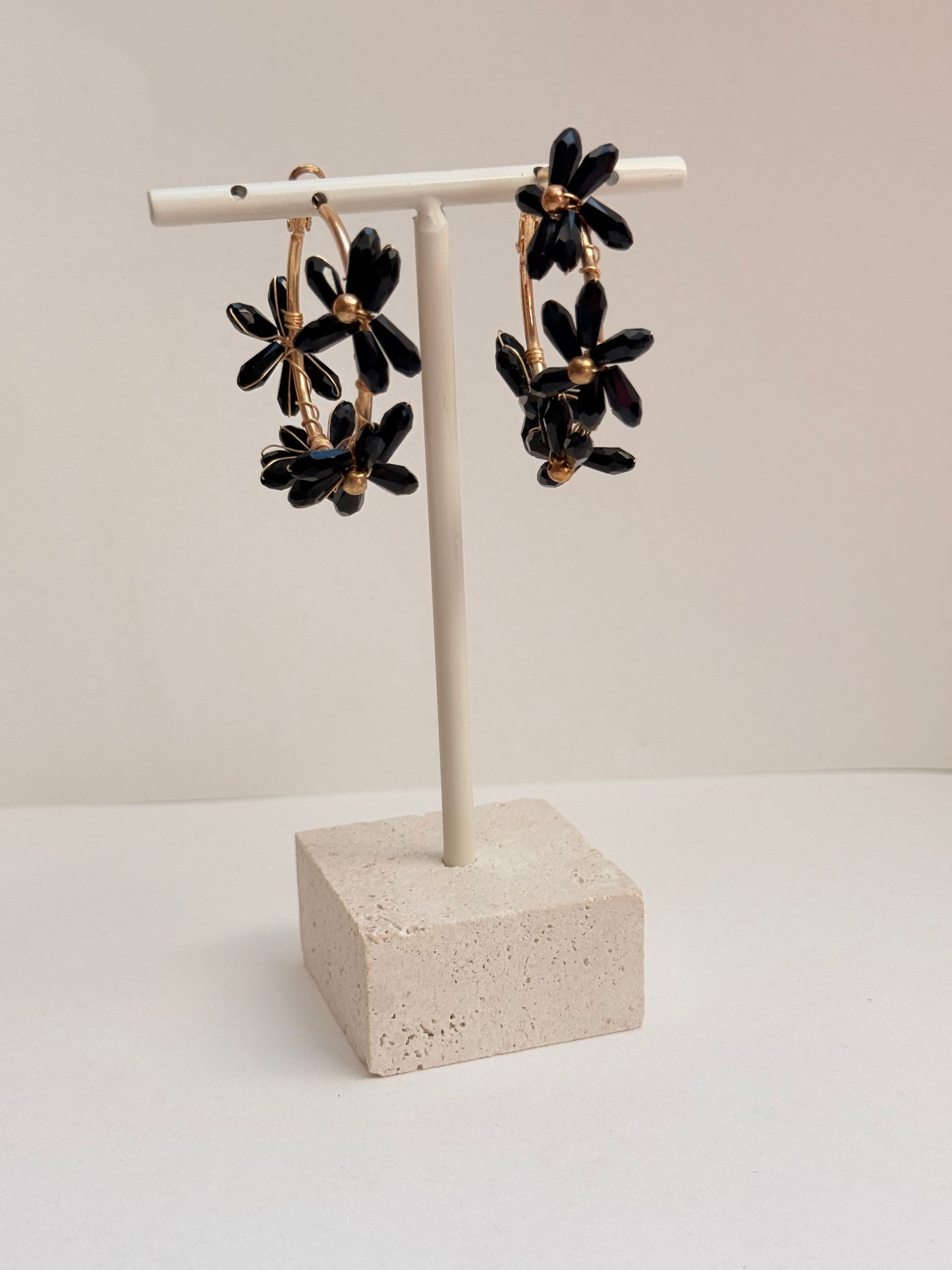 Black flower beaded hoops
