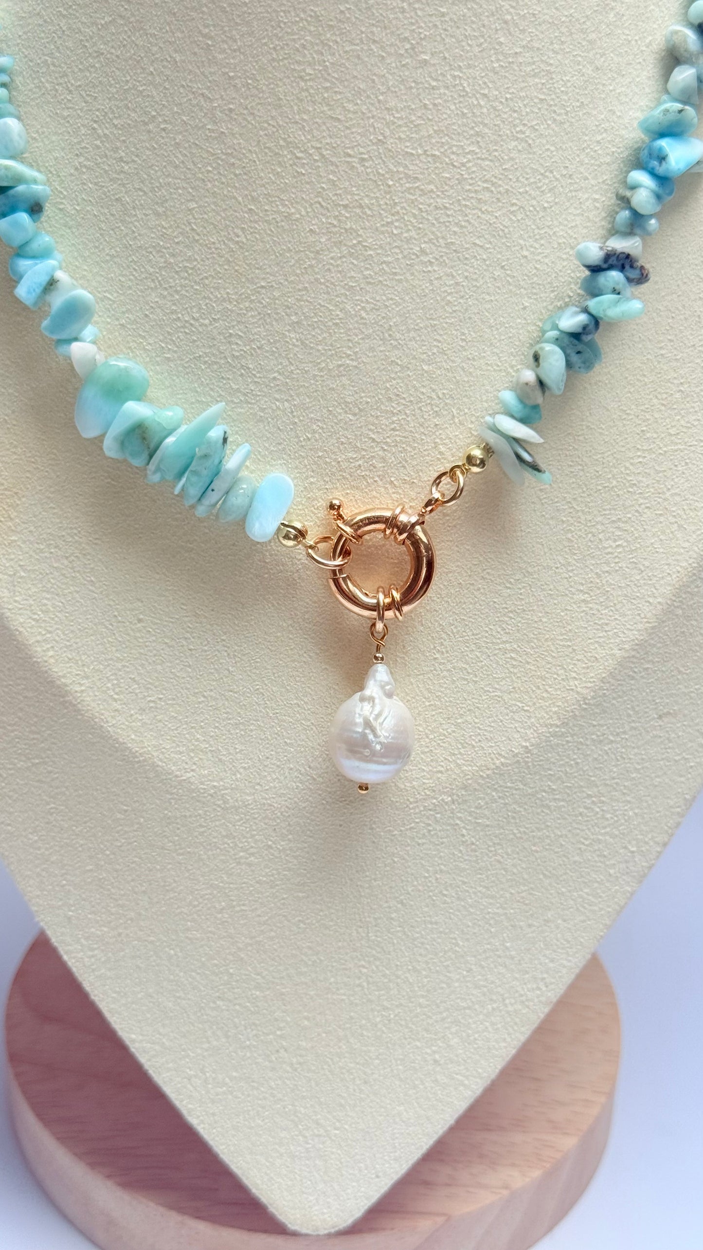 Larimar chip necklace with pearl charm