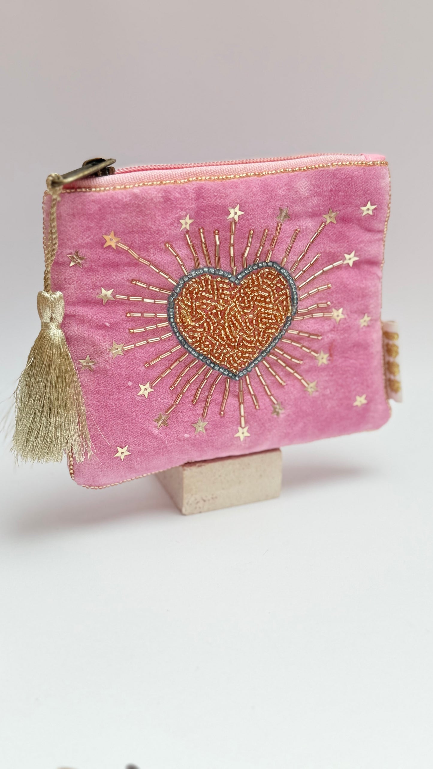 Pink heart hand beaded purse