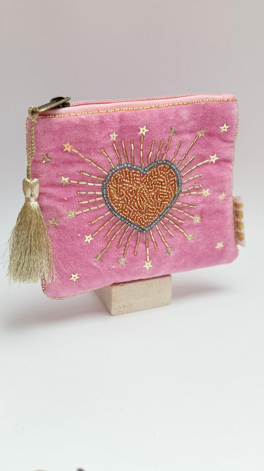 Pink heart hand beaded purse