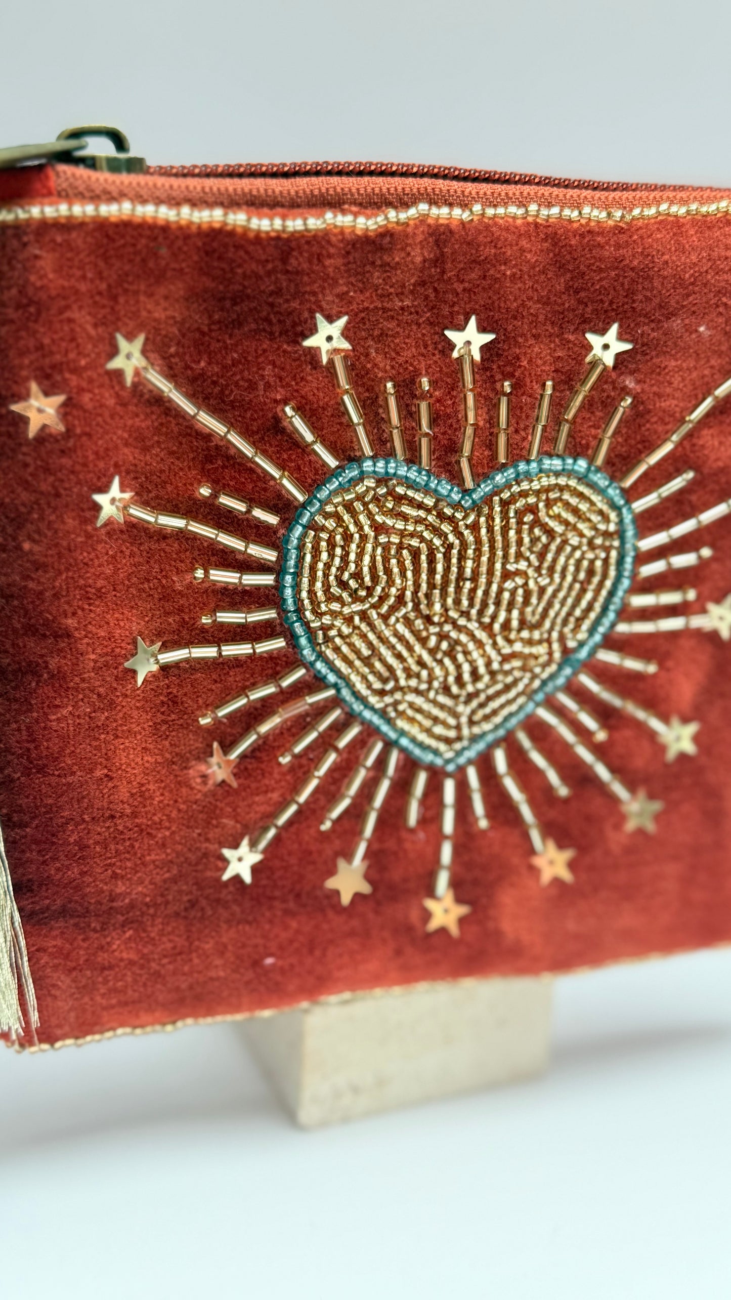 Rust heart hand beaded purse