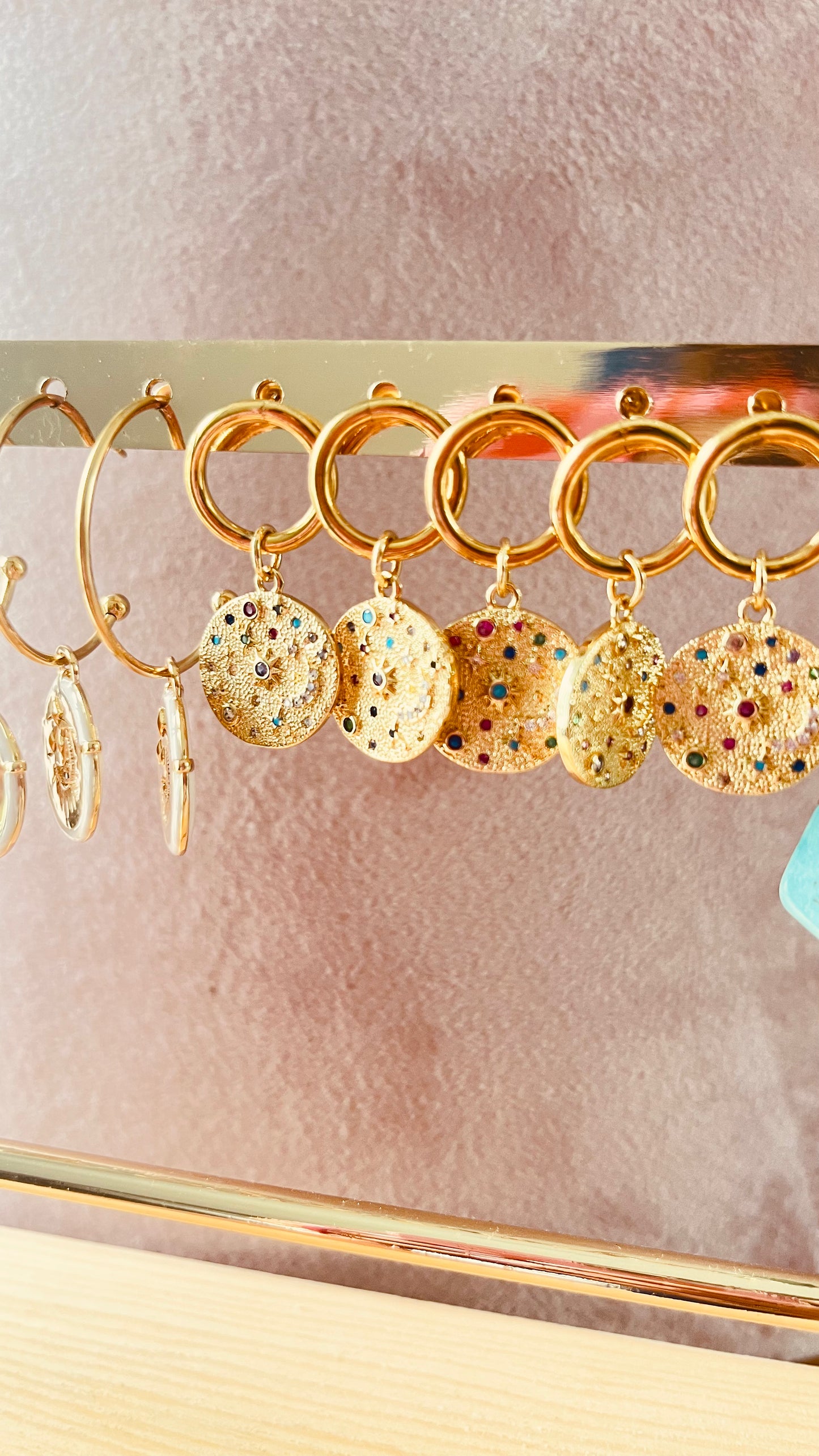 Hoop Earring stud with Moon & Star circle disc