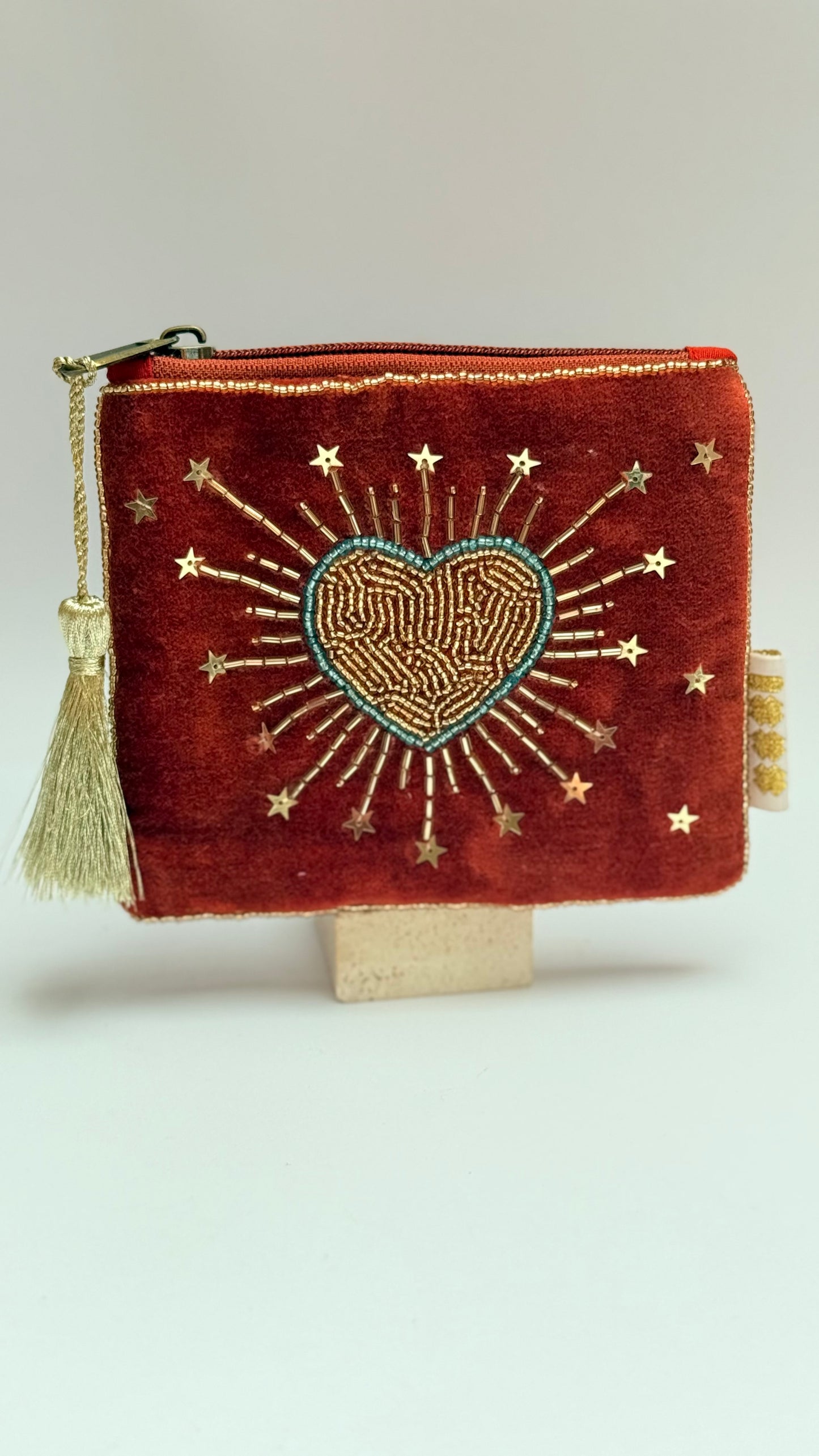 Rust heart  hand beaded  purse