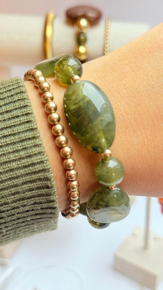 Olive green acrylic & gold filled bracelet