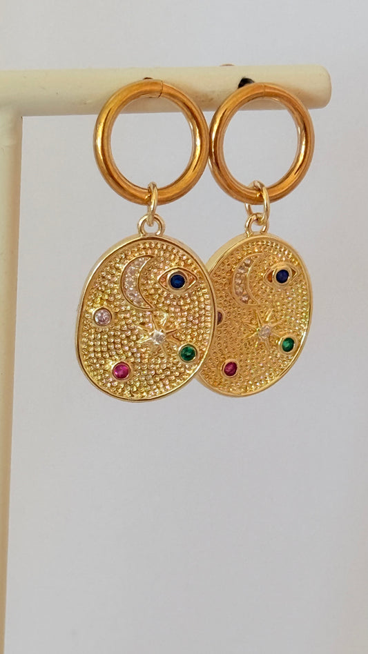 Hoop Earring stud with Moon & Star charm