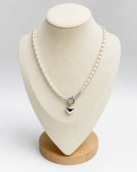 Silver pearl heart necklace