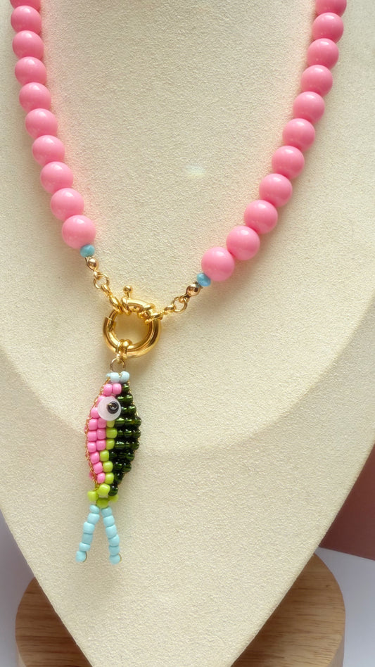 Bright pink fish  necklace