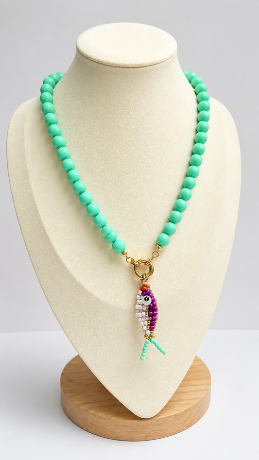Seafoam green fish  necklace
