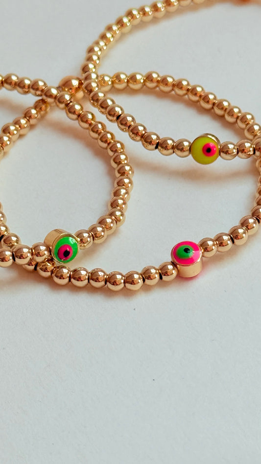Neon Evil Eye Gold beaded bracelet