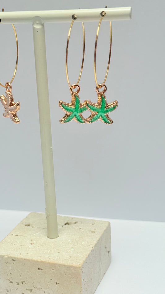 Green Starfish Hoop Earrings