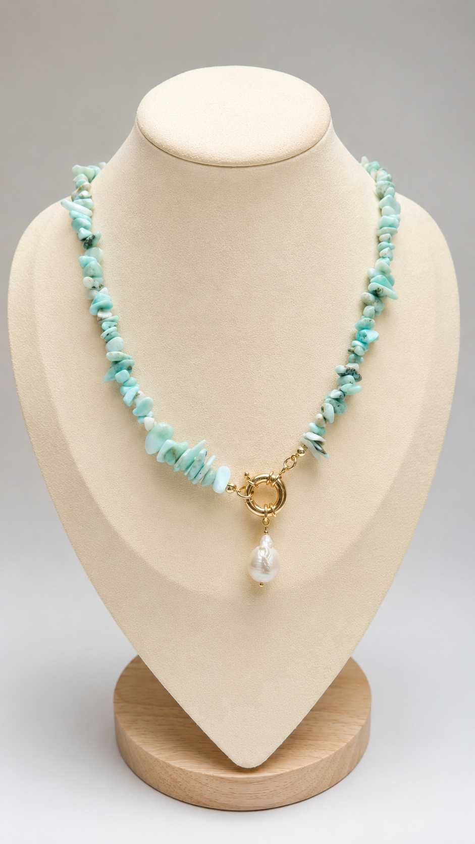 Larimar chip necklace with pearl charm