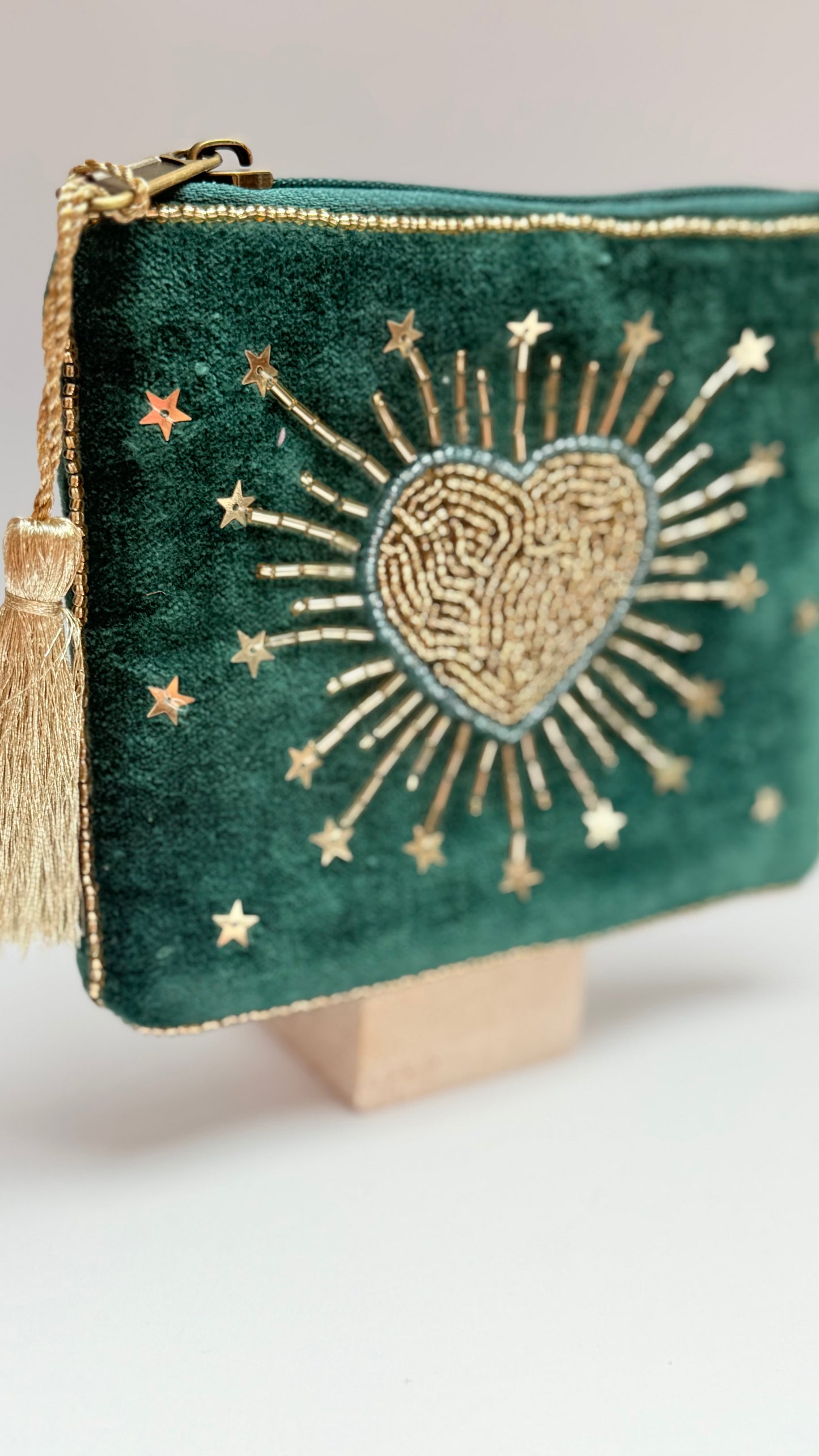 Dark green heart  hand beaded  purse