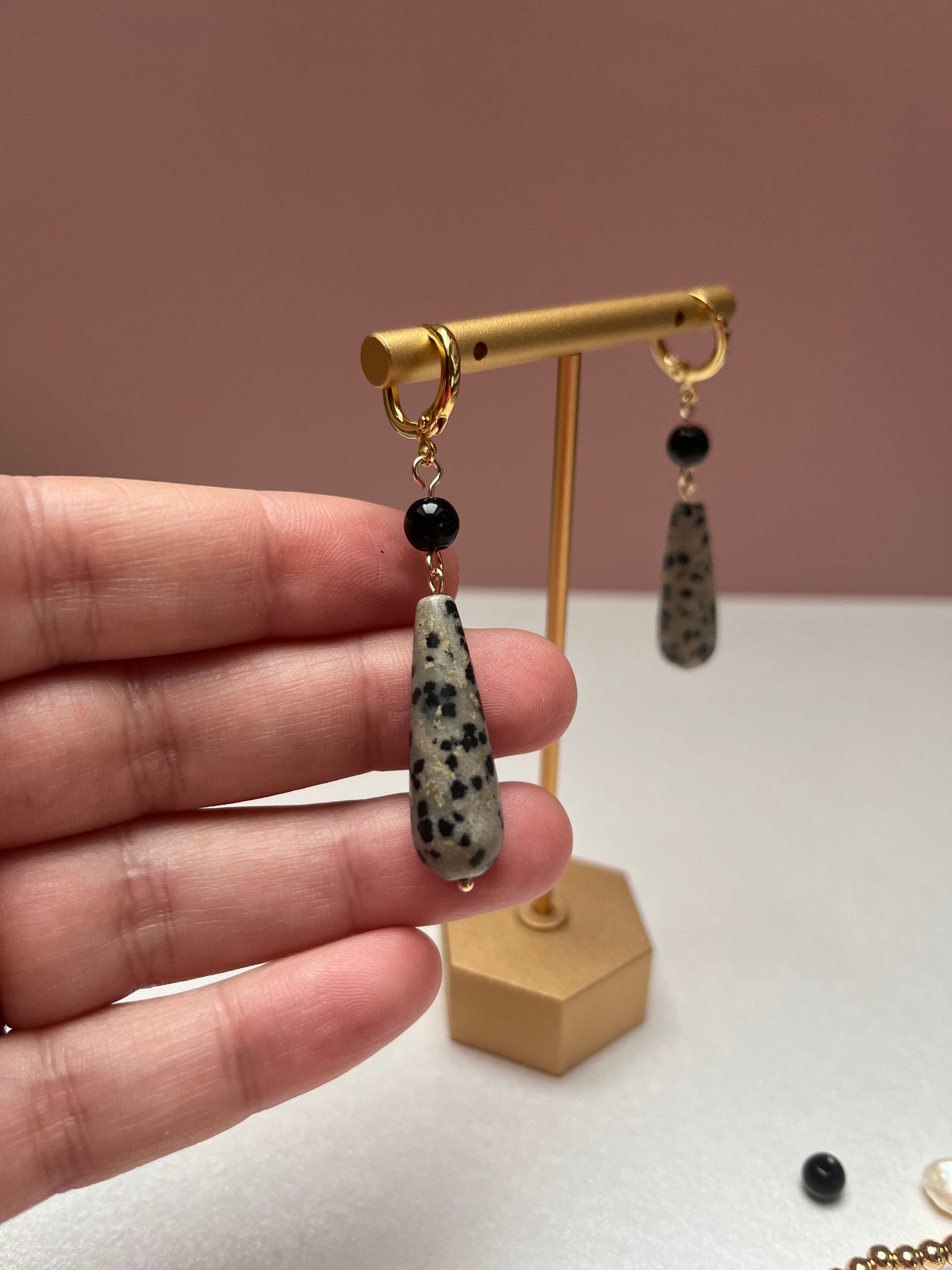 Dalmatian Jasper & Onyx drop earrings