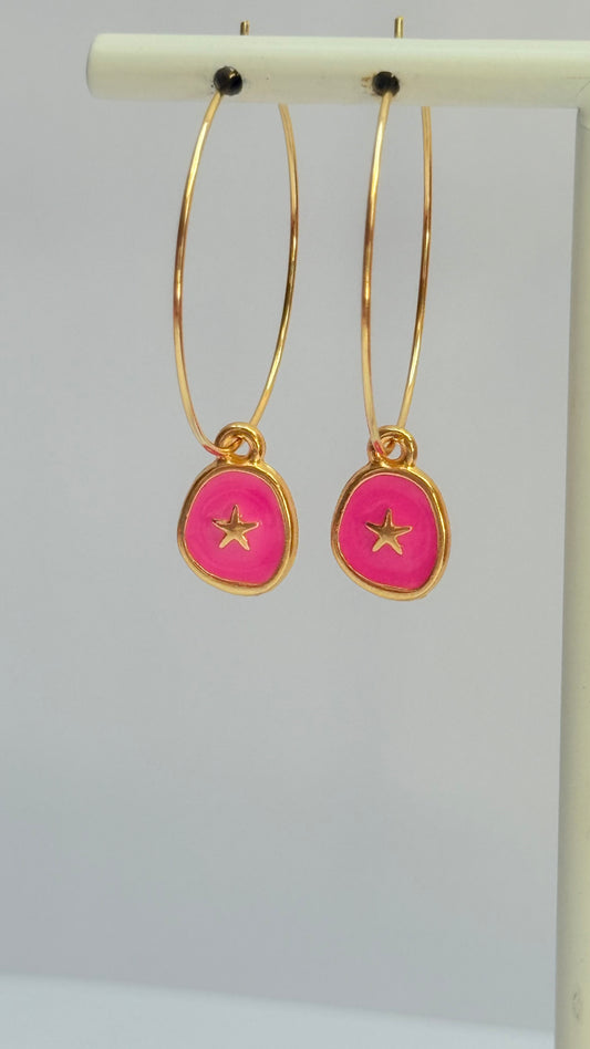 Pink star charm Hoops