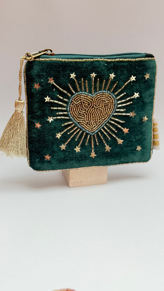 Dark green heart  hand beaded  purse