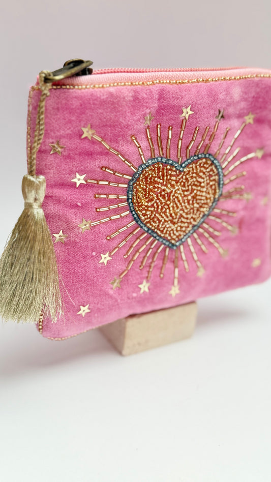 Pink  heart  hand beaded  purse