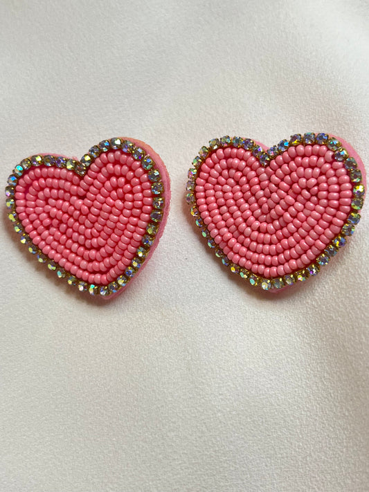 Large pink beaded heart stud