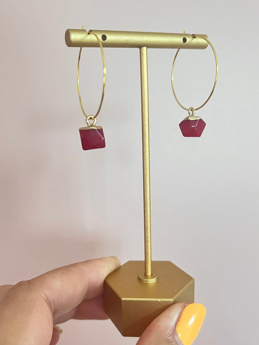 Red natural stone hexagon hoops