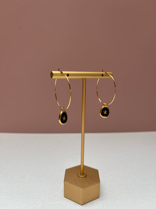 Black star charm  Hoop Earrings